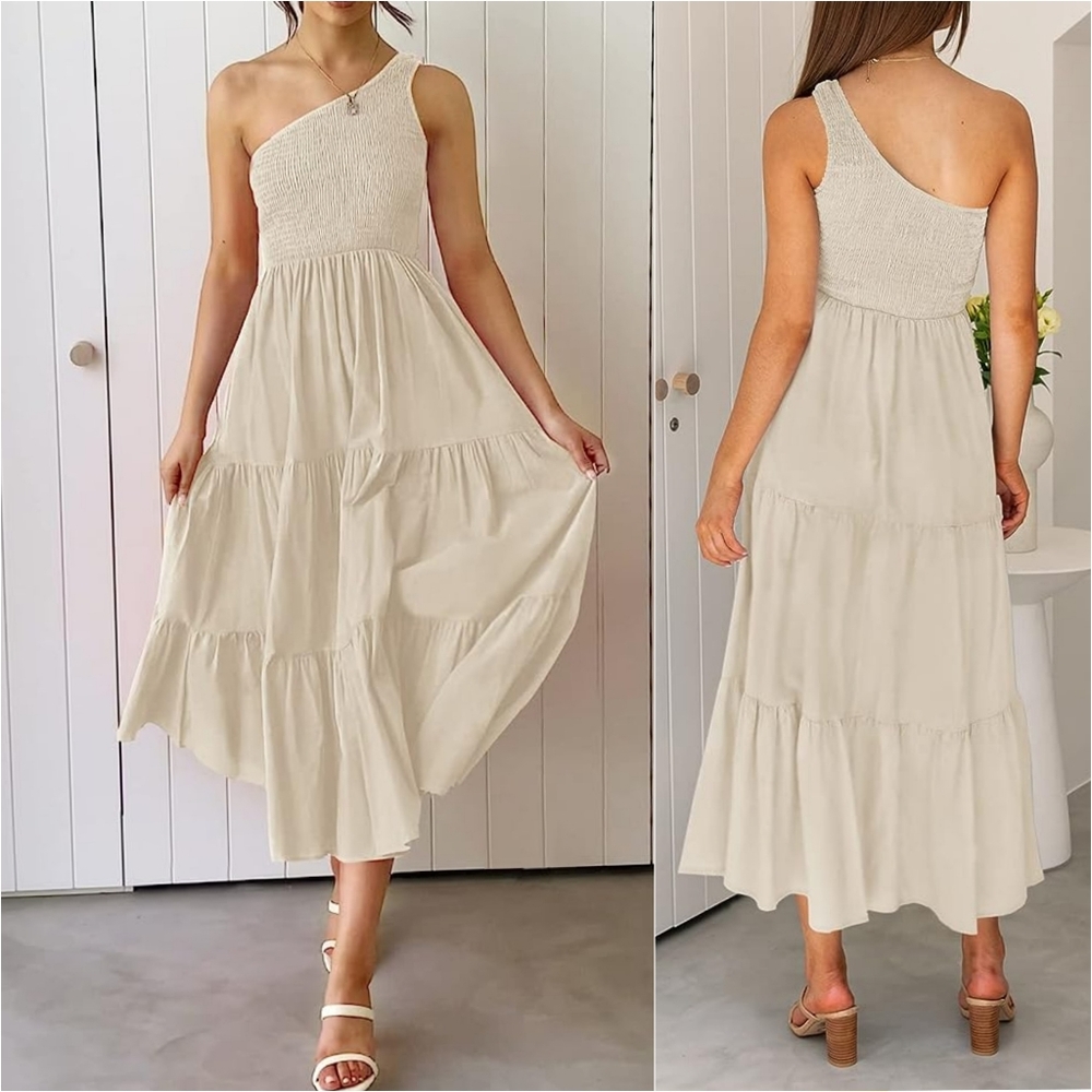 NWT ZESICA Boho One Shoulder Sleeveless Solid Ruffle Smocked Tiered Ma